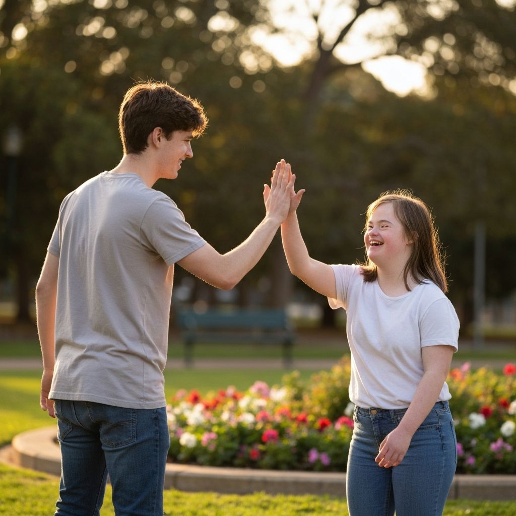 Carer high-fiving participant in the park